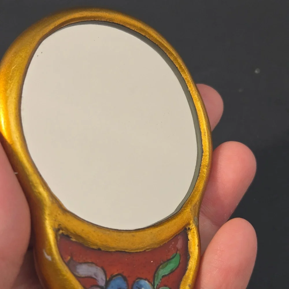 Vintage Peruvian Folk Art Hand Mirror Wood Painted Floral Gold Gilt Cusco Style
